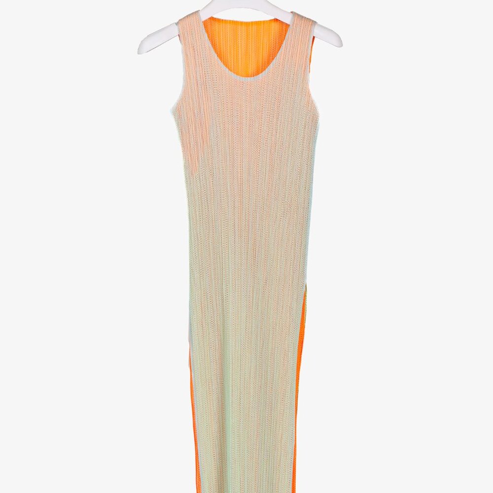 Pleats Please Issey Miyake Fluorescent Gradient Mesh Overlay Dress, Sz M